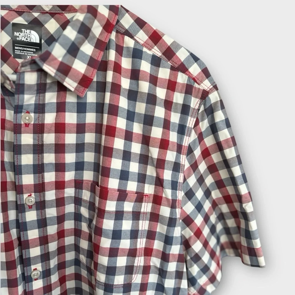 The North Face Red White Blue Checks Plaid Button Down SS Casual Shirt Size XL